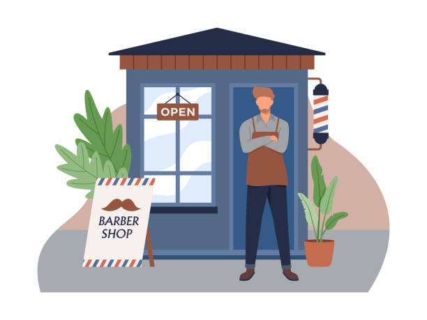 Man with the haircut business Barber stand in front of a haircut shop. Small business and self-employment concept with a man standing at the entrance to his barber shop. Vector in a flat style small business owner stock illustrations