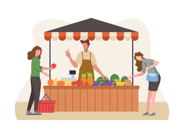 Local market sell vegetables and fruit Vegetable and fruit seller, Local farmer sell their crops. Market stalls business concept, Local market farmer shops. Vector illustration in a flat style selling illustrations stock illustrations