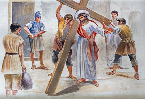 Barcelona - The modern frescoJesus accepts his cross in the atrium of church Església de la Concepció from 19. cent.