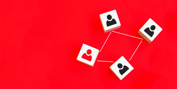 istock Wooden cube block print screen person icon which link connection network for organisation structure social network and teamwork concept. 1302507794