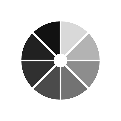 Isolated vector icon of a gray scale wheel.