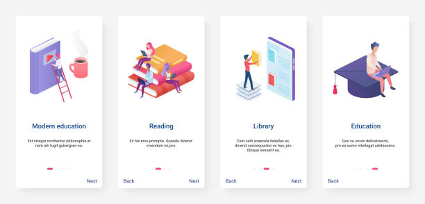 アイソメトリックモダン教育、オンラインライブラリux、uiオンボーディングモバイルアプリページ画面セット - book bookshelf stack page点のイラスト素材／クリップアート素材／マンガ素材／アイコン素材