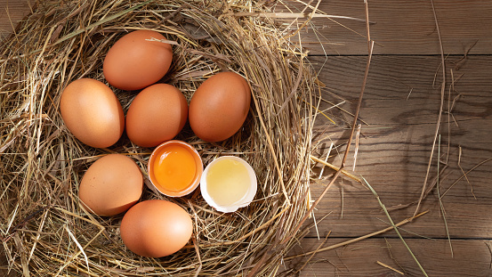 Several raw fresh chicken eggs in a nest of hay on a wooden background, horizontal banner.