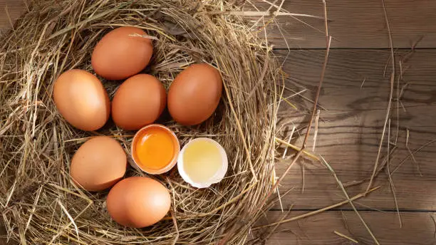 Photo of Several raw fresh chicken eggs in a nest of hay on a wooden background, horizontal banner