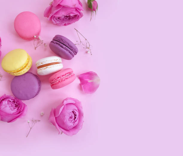istock multicolored macaroon, rose flower on a colored background 1302509735