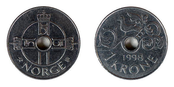 This Norwegian coin has on the obverse a cross, which represents a monogram crowned three times, the mint and the word Norway; on the reverse, a bird integrated into a stiulized design, the date and the value.