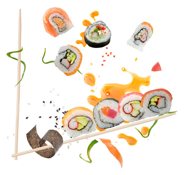 istock sushi rolls and ingredients with wooden chopsticks  on white background 1302511782