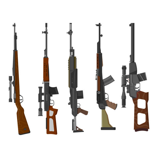 ilustrações, clipart, desenhos animados e ícones de conjunto de armas de fuzil, militares e arma de caça - rifle strategy military m16