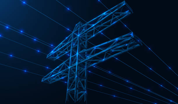 High-voltage power line. High-voltage power line. The tower with its lines of electric current. A low-poly construction of lines and dots. Blue background. power mast stock illustrations