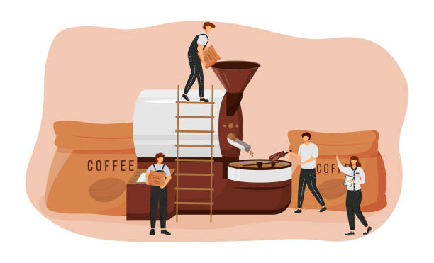 Roasting coffee beans flat concept vector illustration. Barista 2D cartoon characters for web design. Machinery preparation. Process of making arabica and robusta. Coffeehouse creative idea Roasting coffee beans flat concept vector illustration. Barista 2D cartoon characters for web design. Machinery preparation. Process of making arabica and robusta. Coffeehouse creative idea barista stock illustrations
