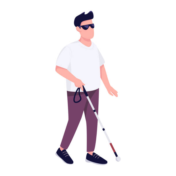 ilustrações de stock, clip art, desenhos animados e ícones de blind man with walking cane flat color vector faceless character. disabled young male person with stick strolling alone isolated cartoon illustration for web graphic design and animation - medical animation
