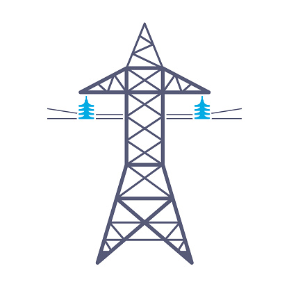 High voltage power line transmission tower, electricity pylon icon.