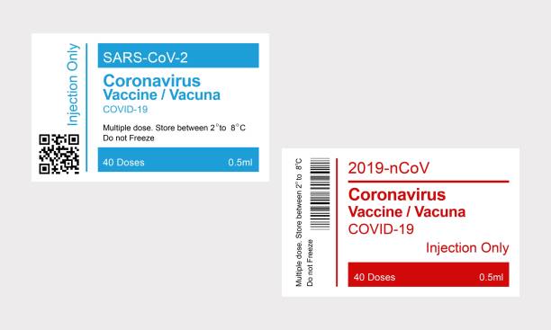 코로나바이러스 백신 패키지 라벨 스티커 세트의 벡터 일러스트레이션. 빨간색과 파란색 색상 세트. 배너 포르마 - bar code medicine healthcare and medicine label stock illustrations