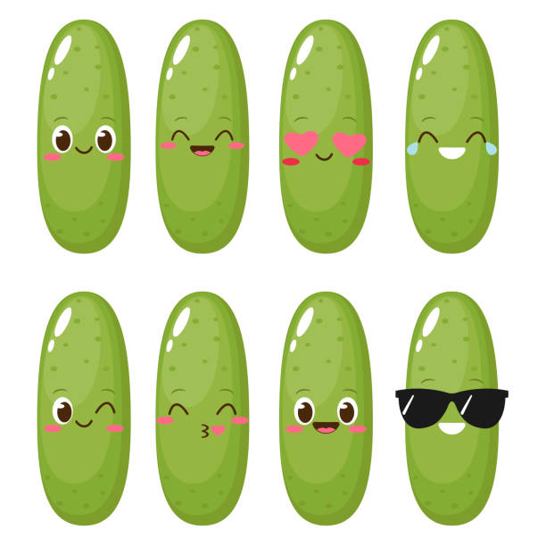 Cute happy cartoon cucumber character set Cute happy cucumber character set. Cartoon pickle funny emoticon in flat style. Vegetable emoji vector illustration salt character stock illustrations