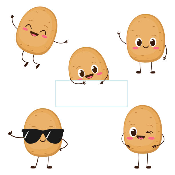Cute happy potato character set Cute happy potato character set. Funny vegetable emoticon in flat style. Cartoon brown potato vector illustration smiling potato stock illustrations