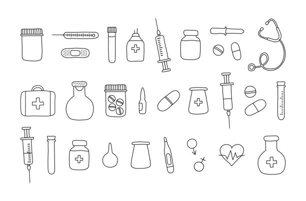 Medical tools doodle vector line icon. First aid kit, syringe and stethoscope, vial of medicine, pill, thermometer, medical plaster, pipette. Hand drawn illustration Medical tools doodle vector line icon. First aid kit, syringe and stethoscope, vial of medicine, pill, thermometer, medical plaster, pipette. Black outline design. Hand drawn illustration doctor drawings stock illustrations