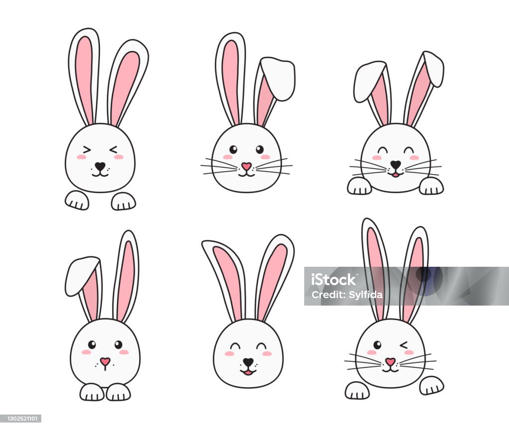Easter Bunny Vector Icon Set Happy Rabbits Cute Hand Drawn Characters  Cartoon Animal Face Stock Illustration - Download Image Now - iStock