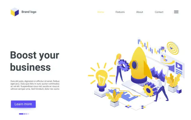Vector illustration of Boost your business isometric landing page, businessman team launching speed rocket