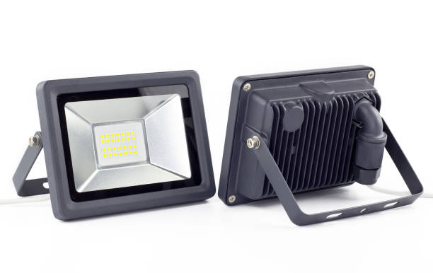 istock Metal LED spotlights on a white background. Front and back view. 1302522845