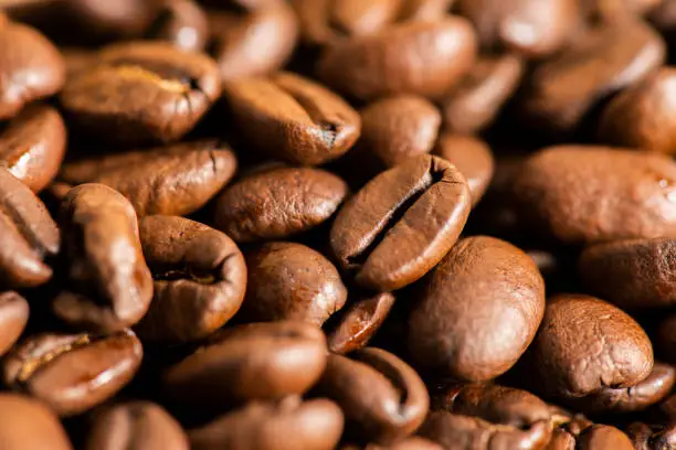 Detailed closure of roasted coffee beans, food background.