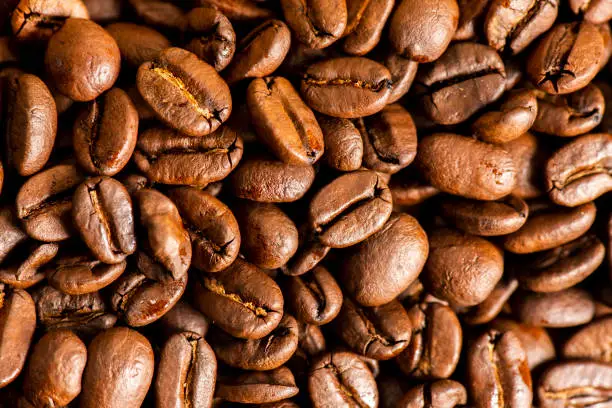Detailed closure of roasted coffee beans, food background.