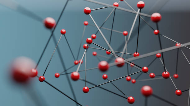 istock Red spheres on blue background, concept of network 1302525719