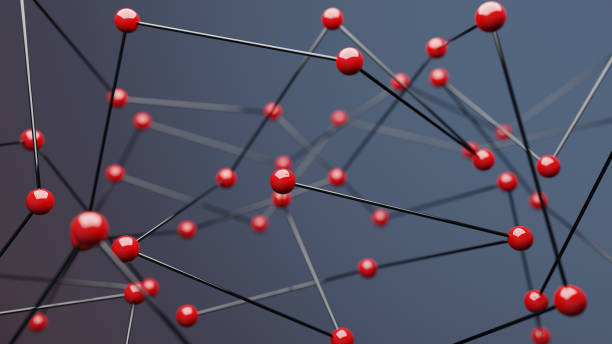 istock Red spheres on blue background, concept of network 1302525738