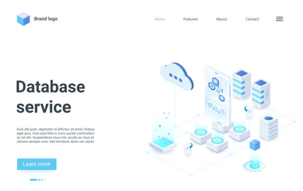 Database cloud service isometric landing page, exchange of information data files Database cloud service isometric vector illustration. Cartoon 3d internet service for exchange of information data files between mobile phone and cloud storage, database of servers landing page isometric cloud server stock illustrations