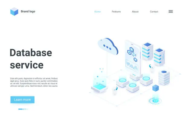 Vector illustration of Database cloud service isometric landing page, exchange of information data files