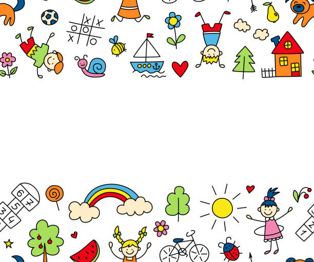 ilustrações de stock, clip art, desenhos animados e ícones de happy children in summer park. funny small kids play, run and jump. background in kid doodle style. - rainbow preschooler baby child