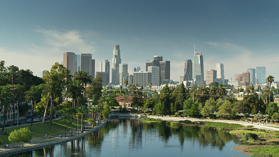 Aerial view of Echo Park Lake overlooking downtown Los Angeles, California.