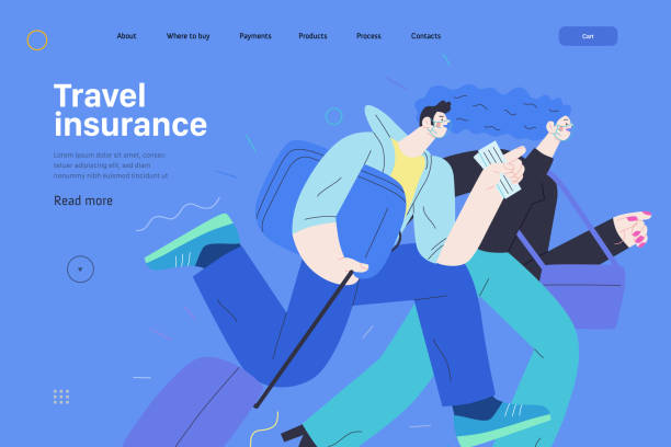 Travel insurance - medical insurance illustration Travel insurance -medical insurance web page template -modern flat vector concept digital illustration - harrying young couple running with suitcases in the airport rush priority baggage tag stock illustrations