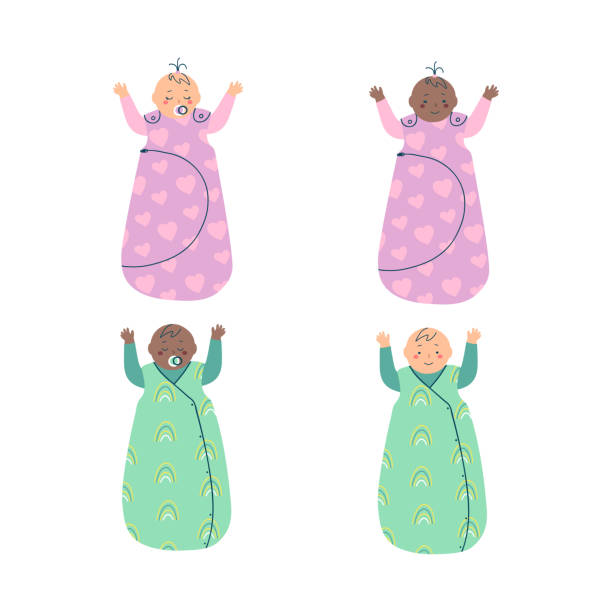 stockillustraties, clipart, cartoons en iconen met reeks van vier baby's in slaapzakken - baby slaapzak