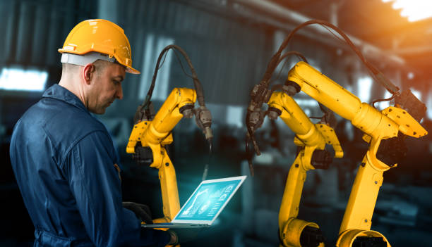istock Smart industry robot arms for digital factory production technology 1302538931
