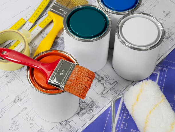 paint tools and blueprints - paint home improvement paint can decorating imagens e fotografias de stock