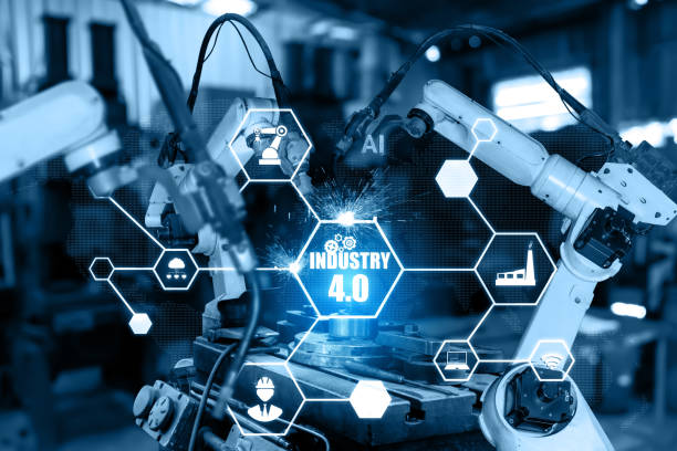 istock Smart industry robot arms for digital factory production technology 1302540038