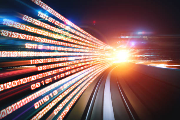 istock Digital data flow on road with motion blur to create vision of fast speed transfer 1302540286