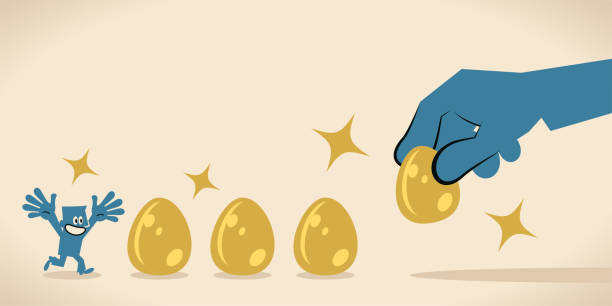 illustrazioni stock, clip art, cartoni animati e icone di tendenza di la grande mano sta dando uova d'oro per invogliare (motivare) un uomo d'affari - animal egg eggs food giving