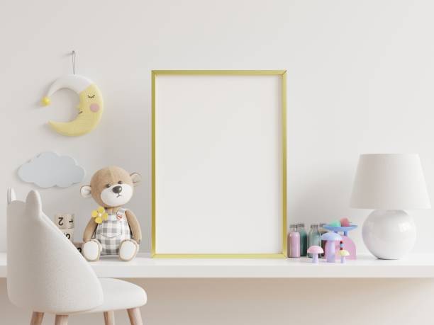 istock Mock up posters in child room interior, posters on empty white wall background. 1302541914