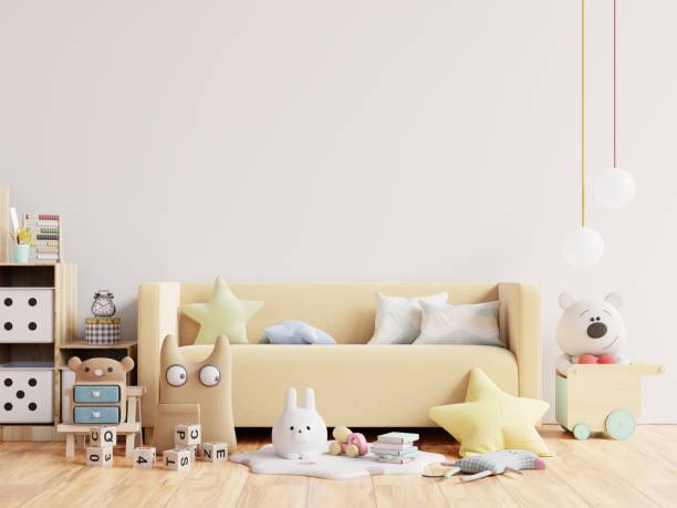 istock Mock up wall in the children's room in white wall background. 1302541923