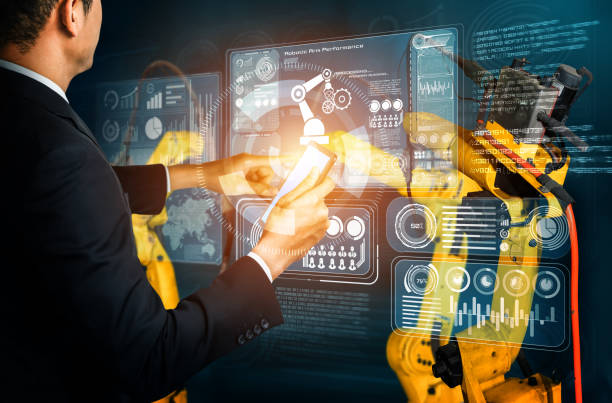 istock Smart industry robot arms for digital factory production technology 1302542844