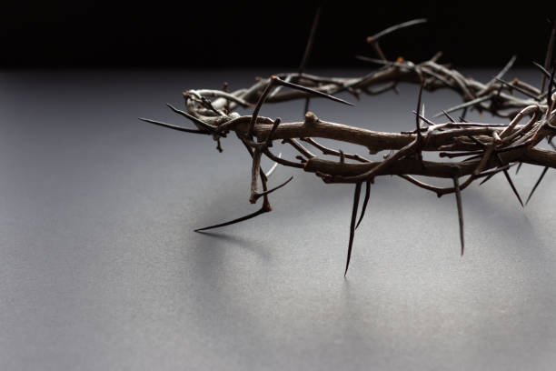 Crown of thorns on black Crown of thorns with backlight on black background with copy space resurrection sunday stock pictures, royalty-free photos & images