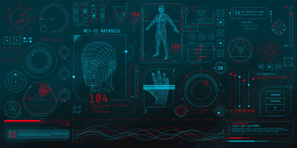 illustrations, cliparts, dessins animés et icônes de un ensemble d’éléments minces sur le thème de la numérisation biologique. - biometrics