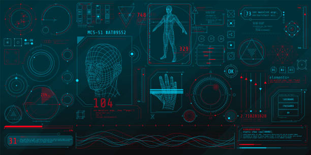 A set of thin elements on the topic of Bio Scanning. Poster with a set of futuristic HUD elements on the theme Bio Scanning. biometrics stock illustrations