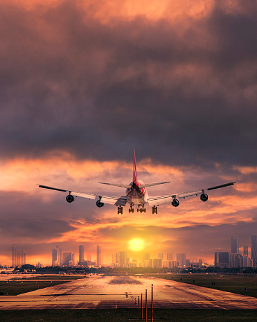 Plane Landing in a beautiful destination in a sunset setting