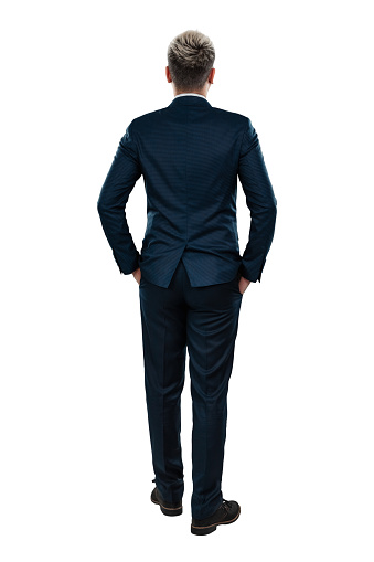Man in a business suit, businessman back view. Isolated on a white background