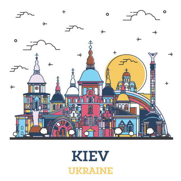 概述基輔烏克蘭城市天際線與彩色歷史建築孤立在白色。 - kiev 幅插畫檔、美工圖案、卡通及圖標
