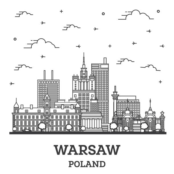 zarys warsaw poland city skyline z nowoczesnymi budynkami odizolowanymi na biało. - warszawa stock illustrations