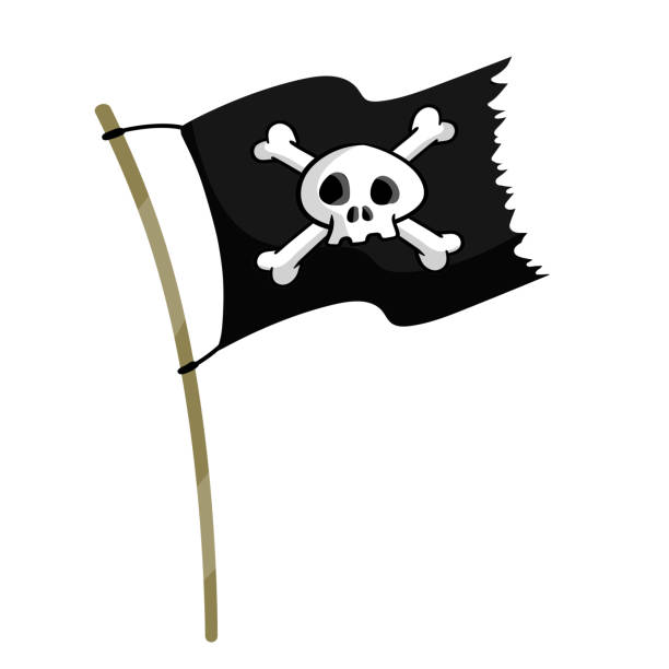 ilustraciones, imágenes clip art, dibujos animados e iconos de stock de bandera pirata. cráneo y huesos en cinta negra. elemento de la muerte. - pirate flag
