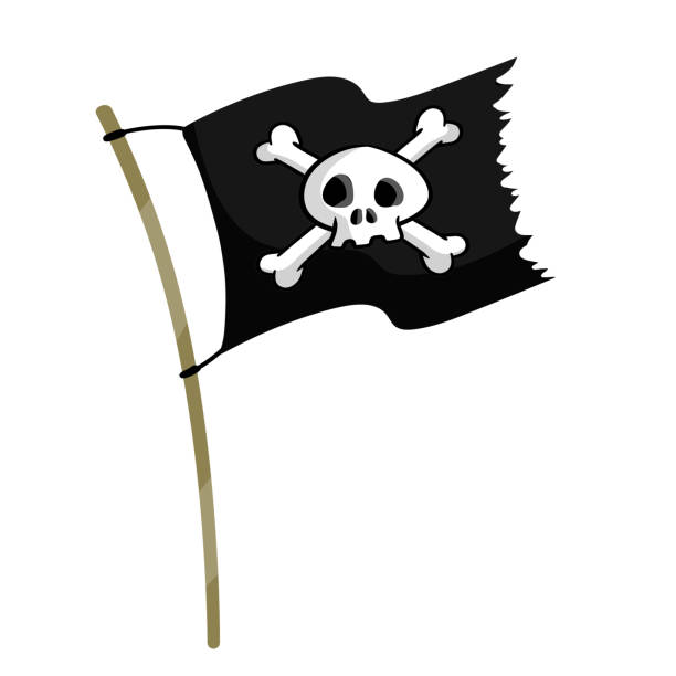 Pirate flag. Skull and bones on black ribbon. element of death. Pirate flag. Skull and bones on black ribbon. element of death. Emblem and symbol of theft and robber. Cartoon flat illustration. jolly Roger pirate flag stock illustrations